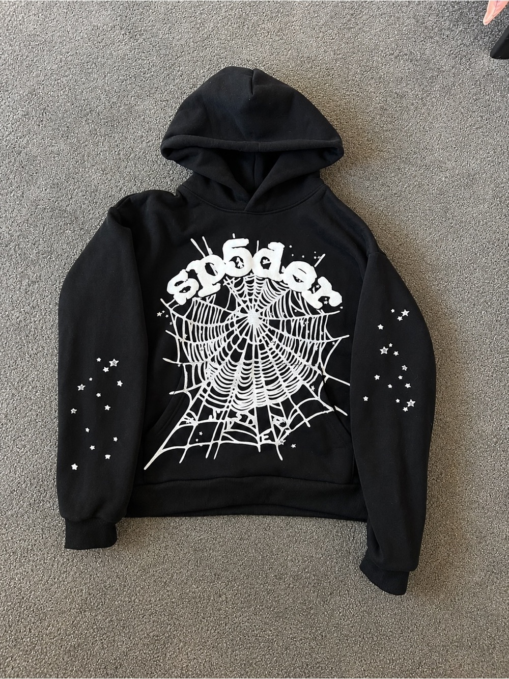 Sp5der Black Hoodie – Graphic Streetwear Pullover Size S